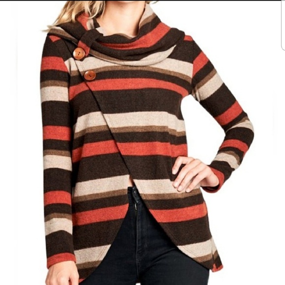 Last 1! (S) Fuzzy stripe cowl neck wrap sweater - Picture 3 of 4